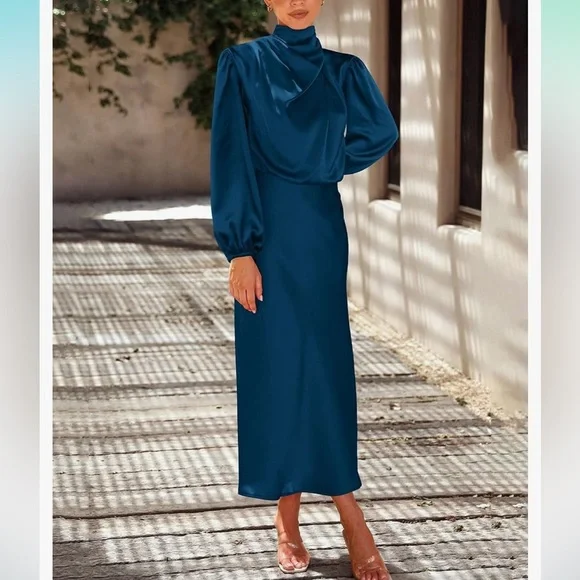 Satin Blouson Midi Dress - Picture 5 of 12